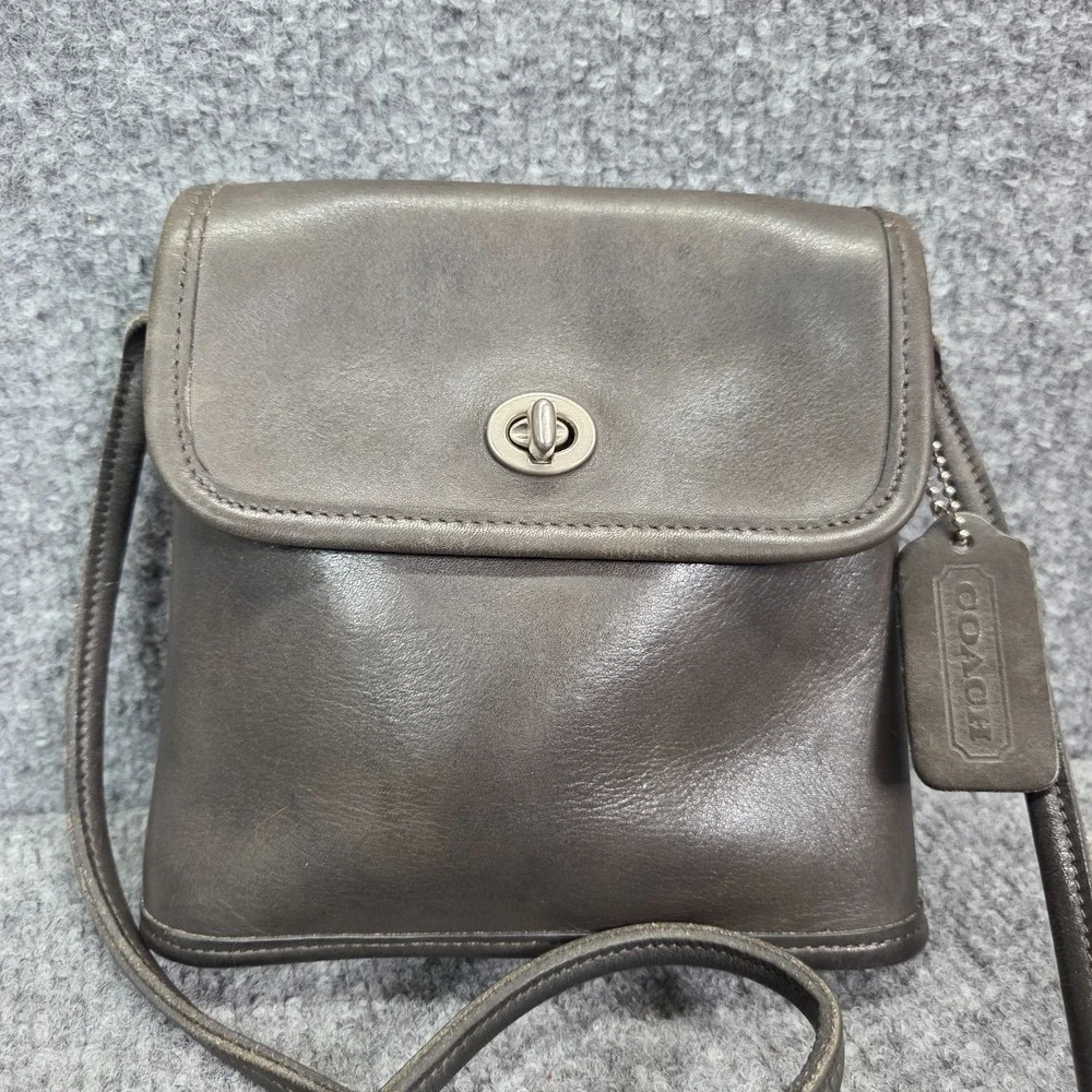 Vintage 90s Coach Women's‎ Gray Leather Tango Turnlock Purse Mini Crossbody Bag